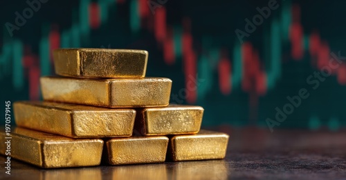 A close-up of gold bullion bars stacked on a surface, with a background of fluctuating financial market graphs in red and green.