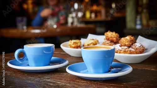 Blue Coffee Cups with Pastries on Wooden Table.