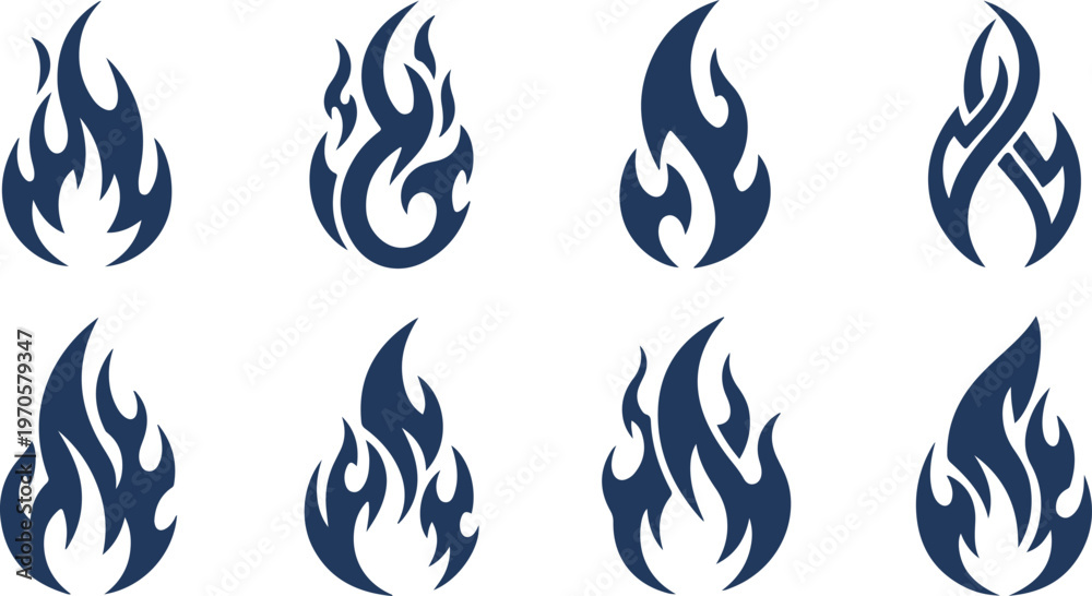 Fototapeta premium Collection of stylized flame icons in various shapes and designs isolated on transparent background