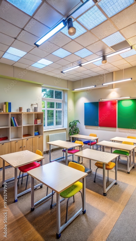 Naklejka premium A photo of a clean classroom interior with desks neatly arranged and colorful bulletin boards hanging on the walls