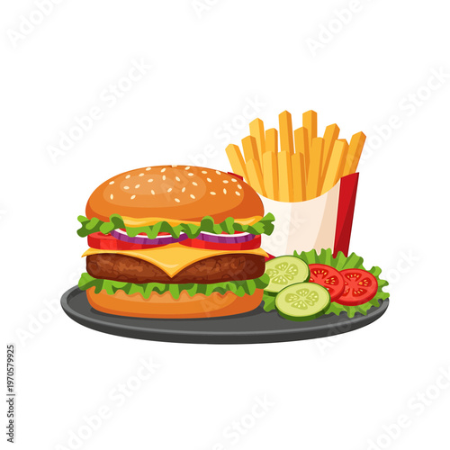Delicious Hamburger Meal: A mouthwatering hamburger and french fries, fresh and ready to eat, creating the ultimate fast food experience.