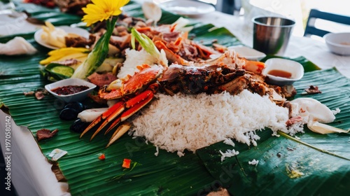 Boodle Fight with Seafood and Rice.