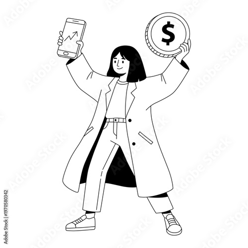 Young Woman Celebrating Financial Success With Smartphone And Coin Symbolizing Mobile Investment Growth