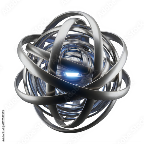 A futuristic metal sphere with a glowing blue center isolated on transparent background