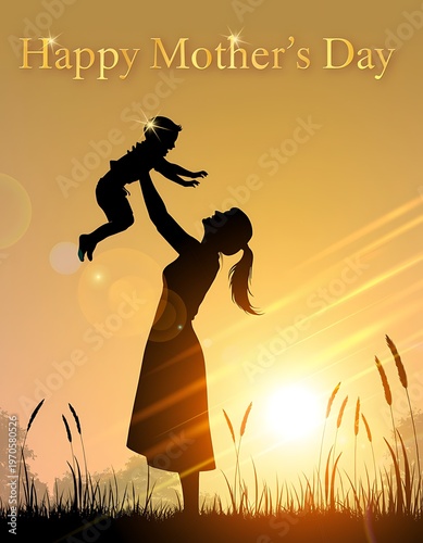 Mother and child silhouette in front of a beautiful golden sunset background, ideal for Mother's Day cards, banners, or social media posts. Happy Mother's Day aesthetic poster.