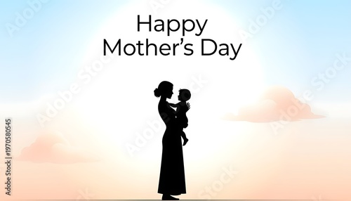 Mother's Day illustration of mother and child silhouette. Happy Mother's Day aesthetic poster.