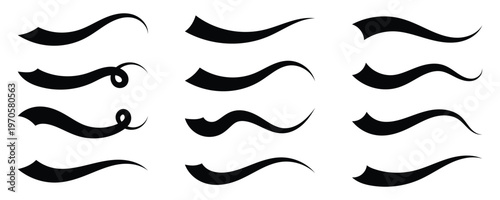 Swoosh tails collection, featuring retro sports underline black curly shapes, baseball text tails, and vector swooshes isolated on white background. Vintage swish shapes and brush strokes. Eps10