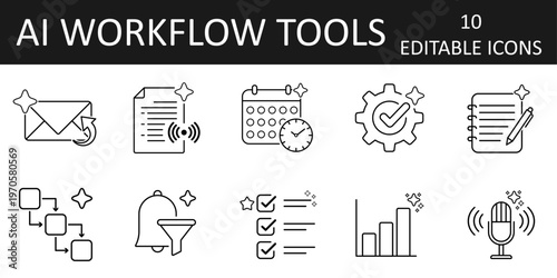 AI workflow productivity icon set. Task automation, scheduling, email assistant, meeting summary, note taking. Flow system, notification filter, prioritization, analytics, voice command.