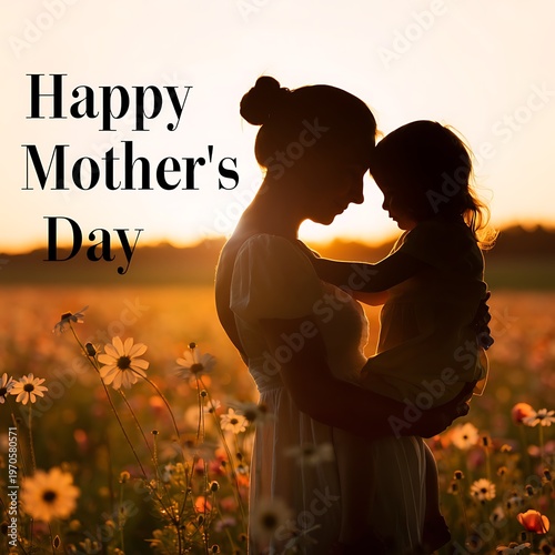 A mother and child share a loving embrace, celebrating Mother's Day. Happy Mother's Day aesthetic poster.