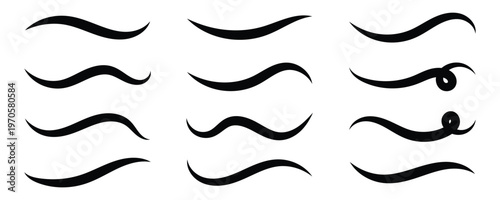 Swoosh tails collection, featuring retro sports underline black curly shapes, baseball text tails, and vector swooshes isolated on white background. Vintage swish shapes and brush strokes. Eps10