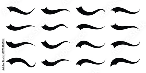 Swoosh tails collection, featuring retro sports underline black curly shapes, baseball text tails, and vector swooshes isolated on white background. Vintage swish shapes and brush strokes. Eps10