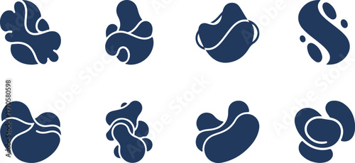 Creative collection of abstract organic shapes resembling stylized brain neurons and abstract fluid motion designs isolated on transparent background