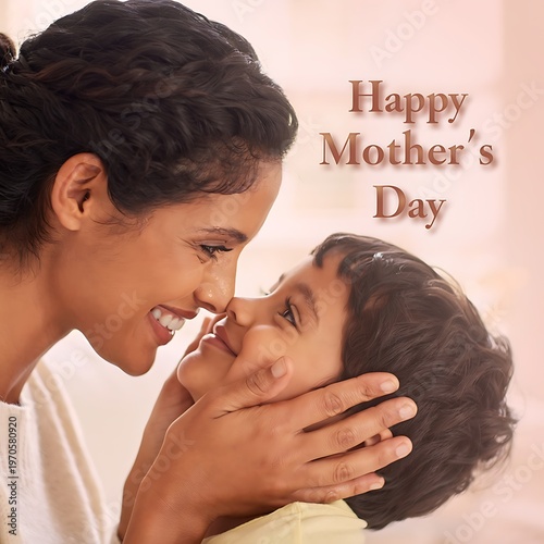 A loving mother and her young son share a tender moment, smiling nose to nose, celebrating Mother's Day with affection and joy. Happy Mother's Day poster, ready to post in social media.