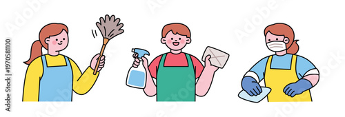 People cleaning with dusters and mops. Cute character with a round face. Upper body illustration.