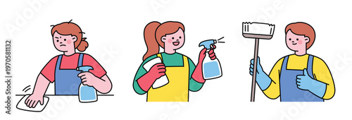 People cleaning with cleaning detergent and mops. Cute character with a round face. Upper body illustration.