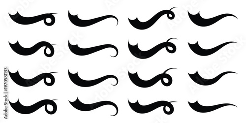 Text tails swoosh baseball sign typography font curve tails. Swoosh and swash typography tail shapes with dynamic retro wave lines. Collection of baseball script swooshes, tails, and underlines. Eps10