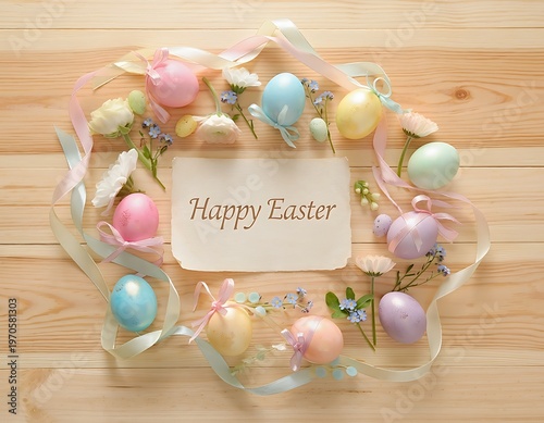 A 'Happy Easter' card surrounded by pastel eggs, ribbons, and small flowers on a light wooden background. Happy easter poster, ready to post in social media.