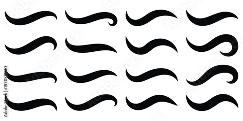 A set of dynamic curved black swoosh tail elements. Baseball of football swoosh text tails in retro styles. Sporty swash strokes for vintage typography and font design. Vector illustration. Eps10