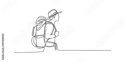 A continuous line drawing of a traveler wearing a hat and carrying a large backpack on a journey Vector, illustration