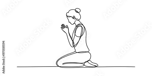 A single continuous line drawing depicting a woman kneeling down in a peaceful state of prayer Vector, illustration
