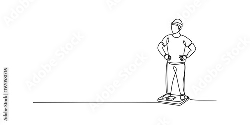 A continuous line drawing of a person standing on a weight scale to check their body mass index. Vector, illustration