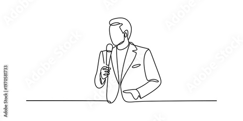 A single continuous line drawing of a formal man holding a microphone while giving a presentation. Vector, illustration