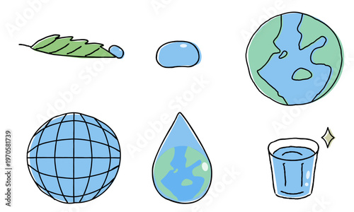 環境と水資源の手描き風シンプルアイコンセット