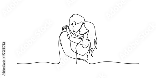 Minimalist continuous line drawing of a romantic couple embracing closely on a white background Vector, illustration