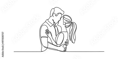 Continuous line drawing of a romantic couple embracing and about to kiss in a minimalist style Vector, illustration