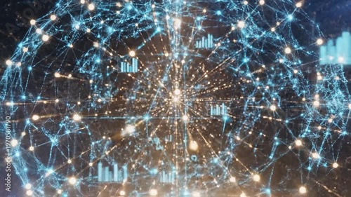 Abstract digital network sphere with glowing connections and data charts representing global connectivity