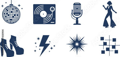 Set of stylish disco and music party icons featuring dance lights microphone turntable silhouette and high heels on transparent background