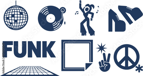 Vibrant funk music illustration featuring disco ball dance party icons and peace symbol graphics