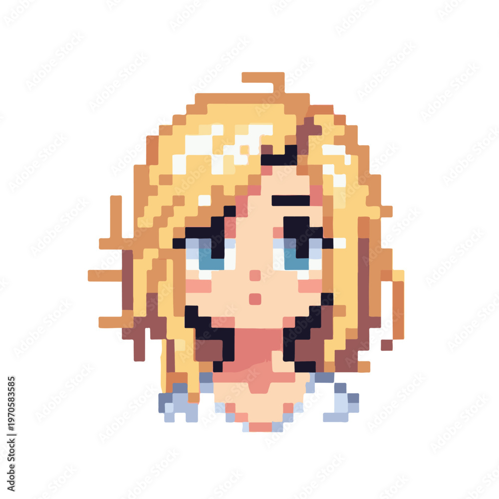 Fototapeta premium Cute pixel art anime style avatar of a blonde-haired girl character with a soft expression, perfect for gaming profiles or digital icons