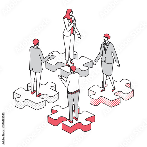 パズルピースの上に立つビジネスチームのアイソメトリック線画イラスト