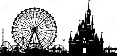 Amusement park silhouette with ferris wheel and castle

