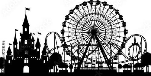 Amusement park silhouette with ferris wheel and castle
