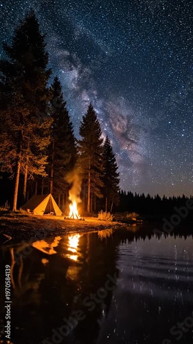 Camping forest night with bonfire and Milky Way by a lake