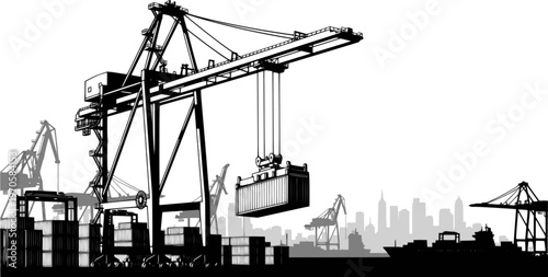 Cargo crane lifting container at port
