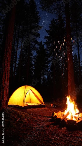 Camping forest night under a starry sky with glowing tent and fire