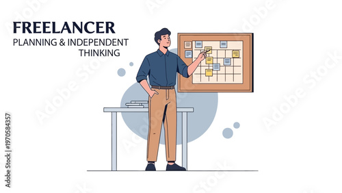 Freelancer planning and independent thinking with flowchart on board