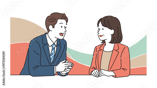 Business meeting: man and woman discussing ideas at a table, professional illustration