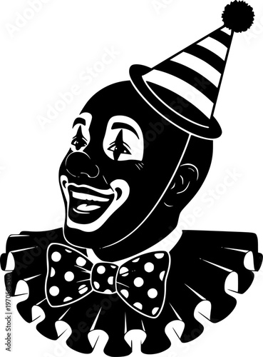 Silhouette of smiling clown with bow tie and party hat
