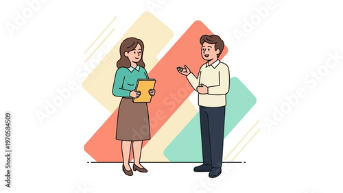 Two colleagues discussing work, one holding a folder, in a modern office setting.