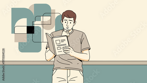 Man reading a book, thinking, with abstract shapes in the background