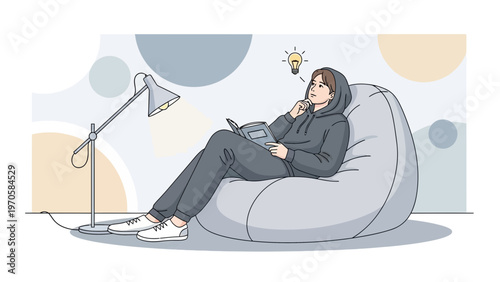 Young person reading a book on a beanbag chair, having an idea with a lightbulb above head.