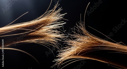 Split ends of damaged hair strands.