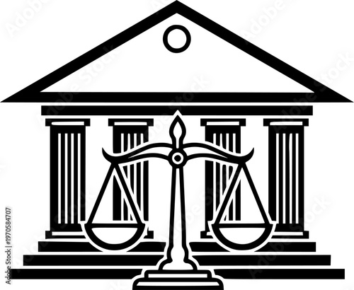 Courthouse icon with scales of justice on white background
