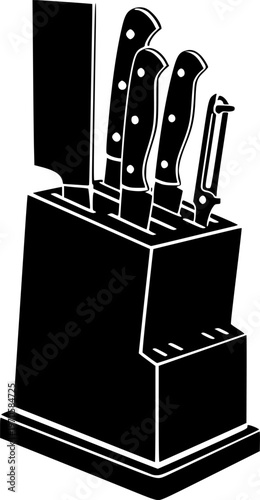 Kitchen knife set silhouette with block and three knives
