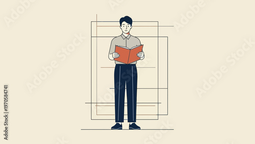 Man Reading Book Standing in Abstract Geometric Background