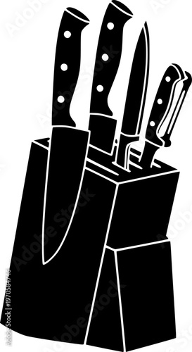Kitchen knife set silhouette with block and three knives
